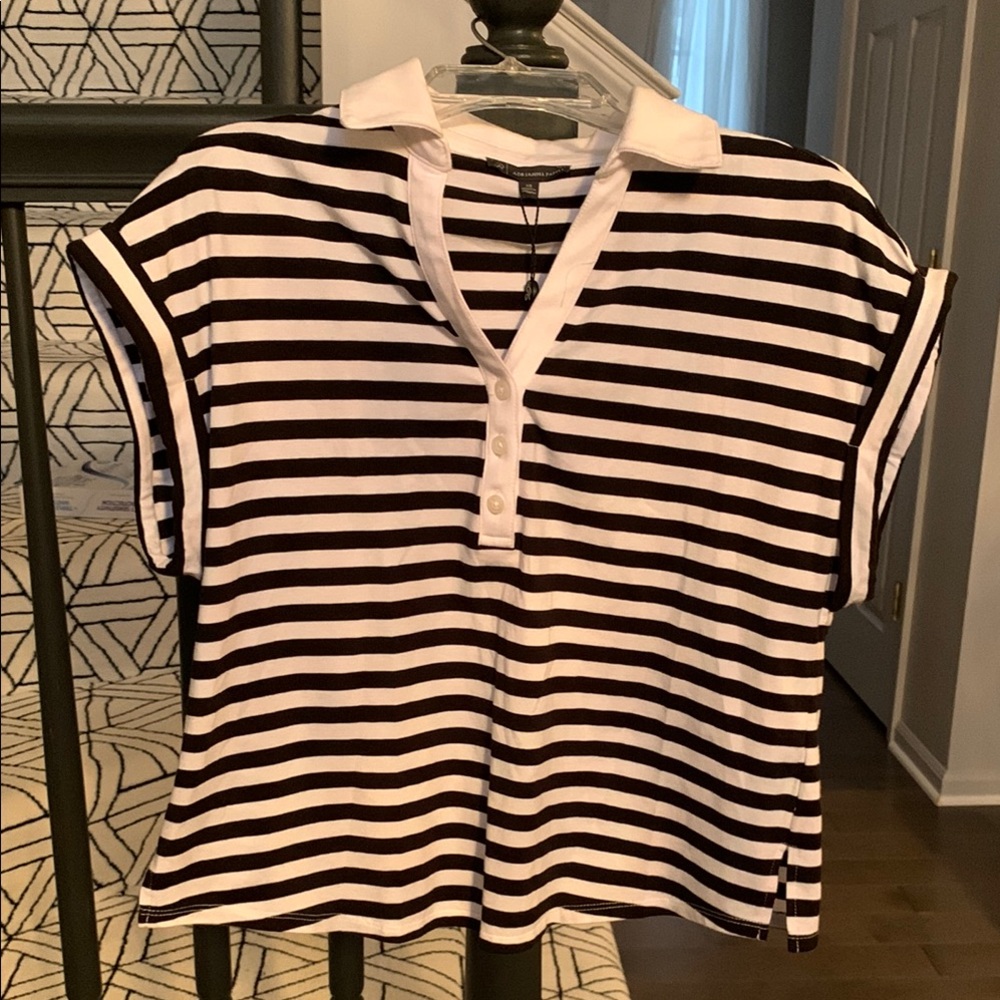 NWT Adrianna Papell Black /White Button Down Shirt with Boxy Fit and Polo Collar